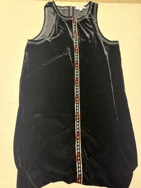 Black Velvet Sleeveless Dress with Center Embroidered Boho Trim